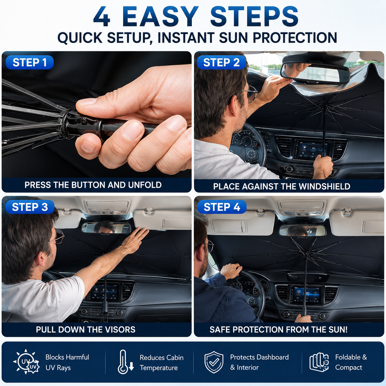 ☀️Premium Auto Windshield Sun Shade – Maximum Heat Insulation, 99% UV Protection & Compact Foldable Design