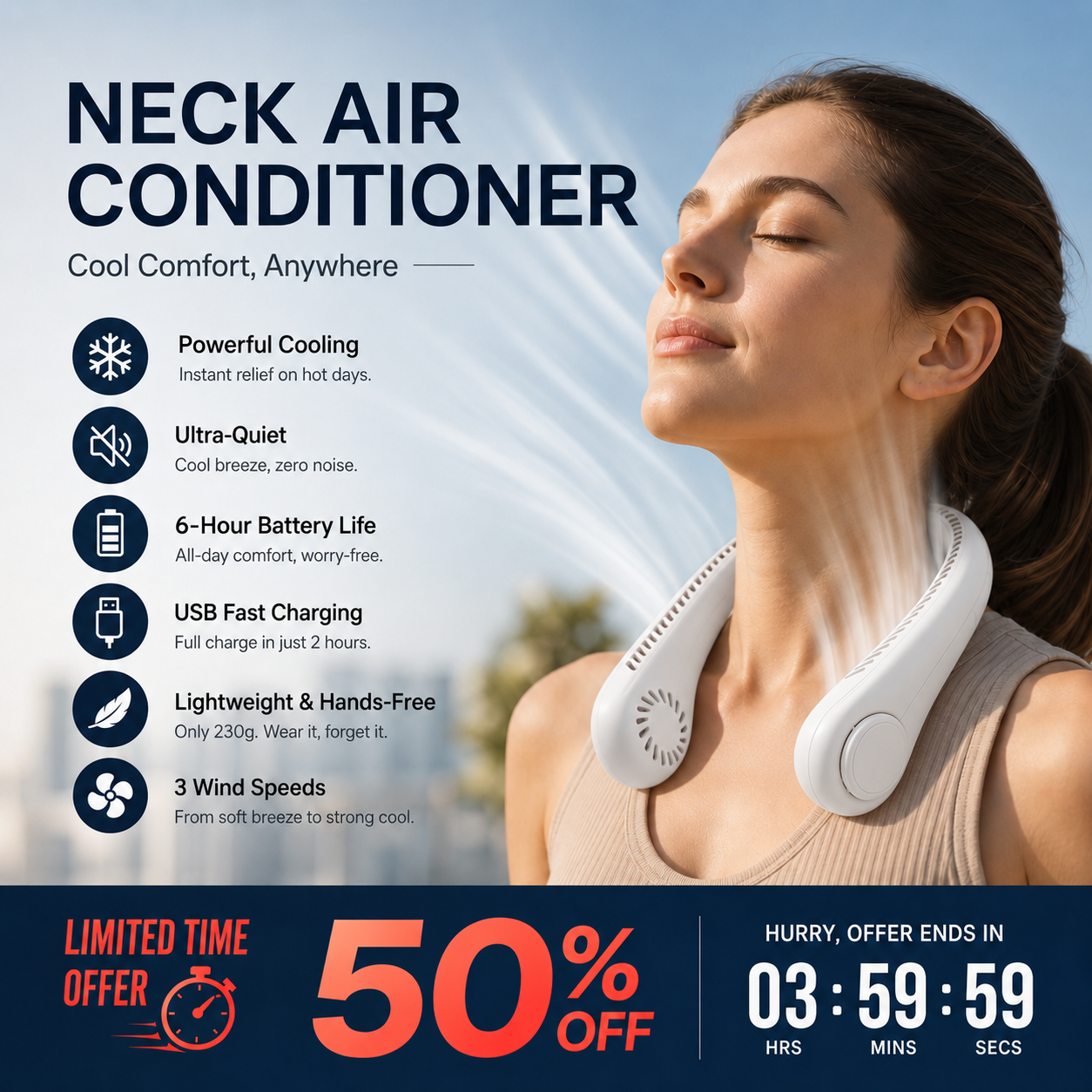 Novveo™ 🥳 HOT SALE 🥳 50K+ SOLD! 🍃 Neck Air Conditioner Fan – Quiet, Hands-Free Cooling 😎🌬️