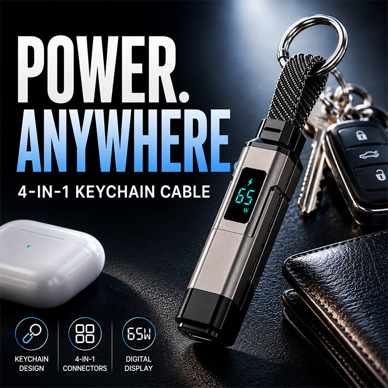 Novveo™ 4-in-1 EDC Cable - 65W Fast Charging USB-C Keychain Cord with Digital Display