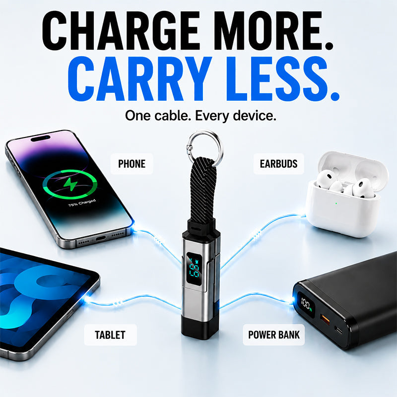 Novveo™ 4-in-1 EDC Cable - 65W Fast Charging USB-C Keychain Cord with Digital Display