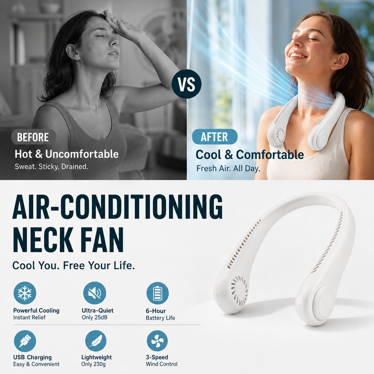 Novveo™ 🥳 HOT SALE 🥳 50K+ SOLD! 🍃 Neck Air Conditioner Fan – Quiet, Hands-Free Cooling 😎🌬️
