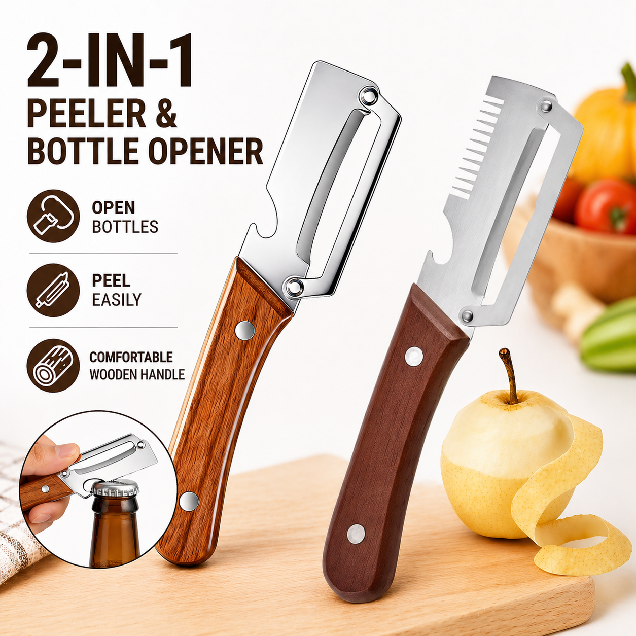 Novveo™ Wooden-Handled Stainless Steel Shredder and Peeler