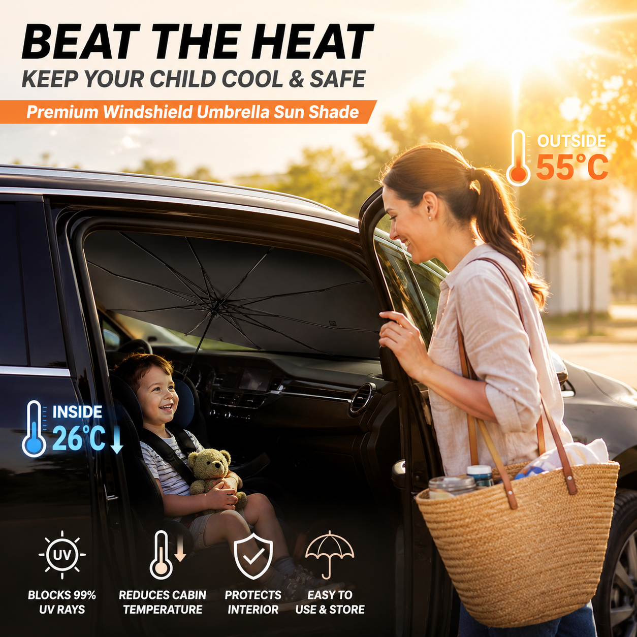 ☀️Premium Auto Windshield Sun Shade – Maximum Heat Insulation, 99% UV Protection & Compact Foldable Design