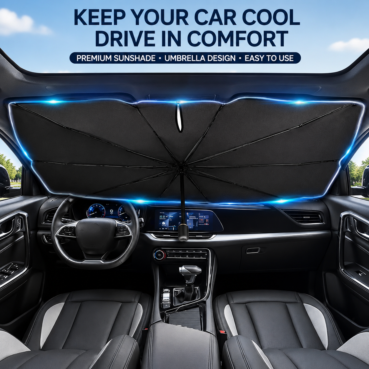 ☀️Premium Auto Windshield Sun Shade – Maximum Heat Insulation, 99% UV Protection & Compact Foldable Design