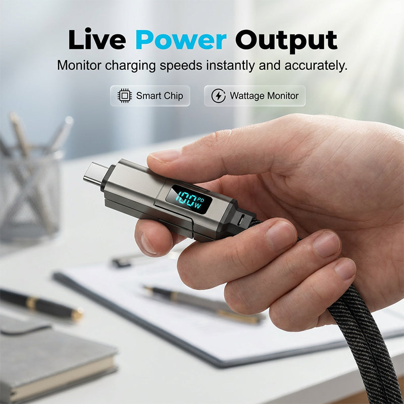 Novveo™ 4-in-1 EDC Cable - 65W Fast Charging USB-C Keychain Cord with Digital Display