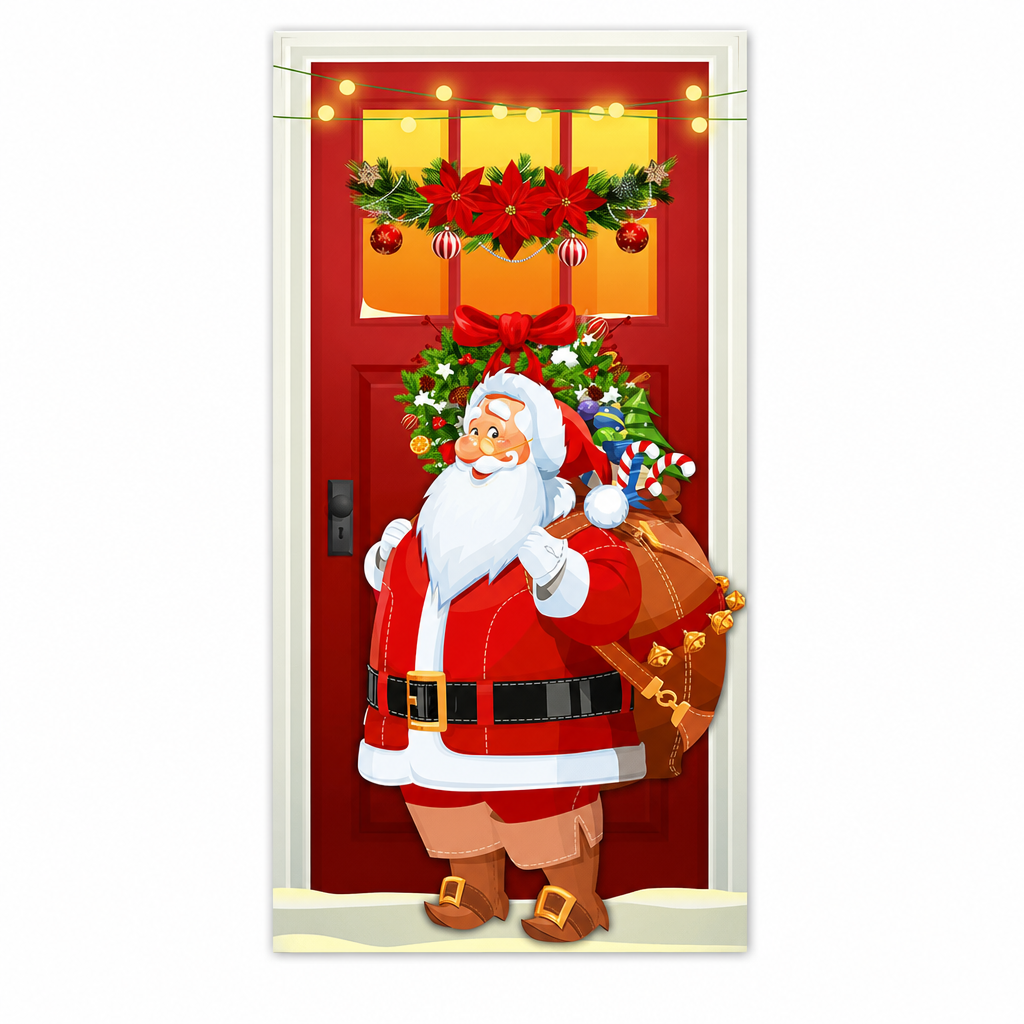 🎄🚪50% KORTING! Weg met fladderende, verkreukelde kerstbanner! Deze luxe deurhoes van dik polyester geeft je voordeur direct prachtige kerstlook!